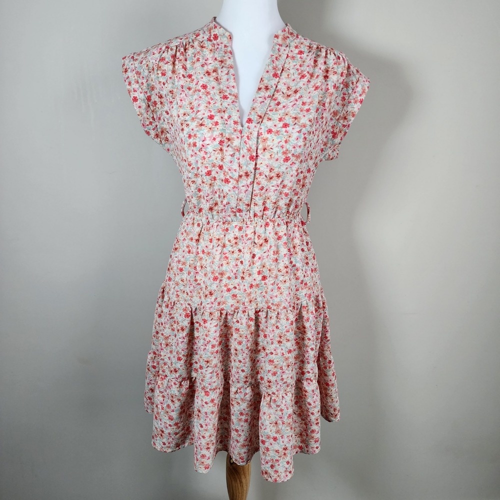 Melloday Floral Tiered Mini Dress Womens Small‎ Pink Cap Sleeve Cottage Prairie